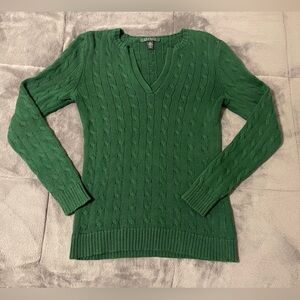 Ralph Lauren Green V-Neck Cable Knit Sweater Size S